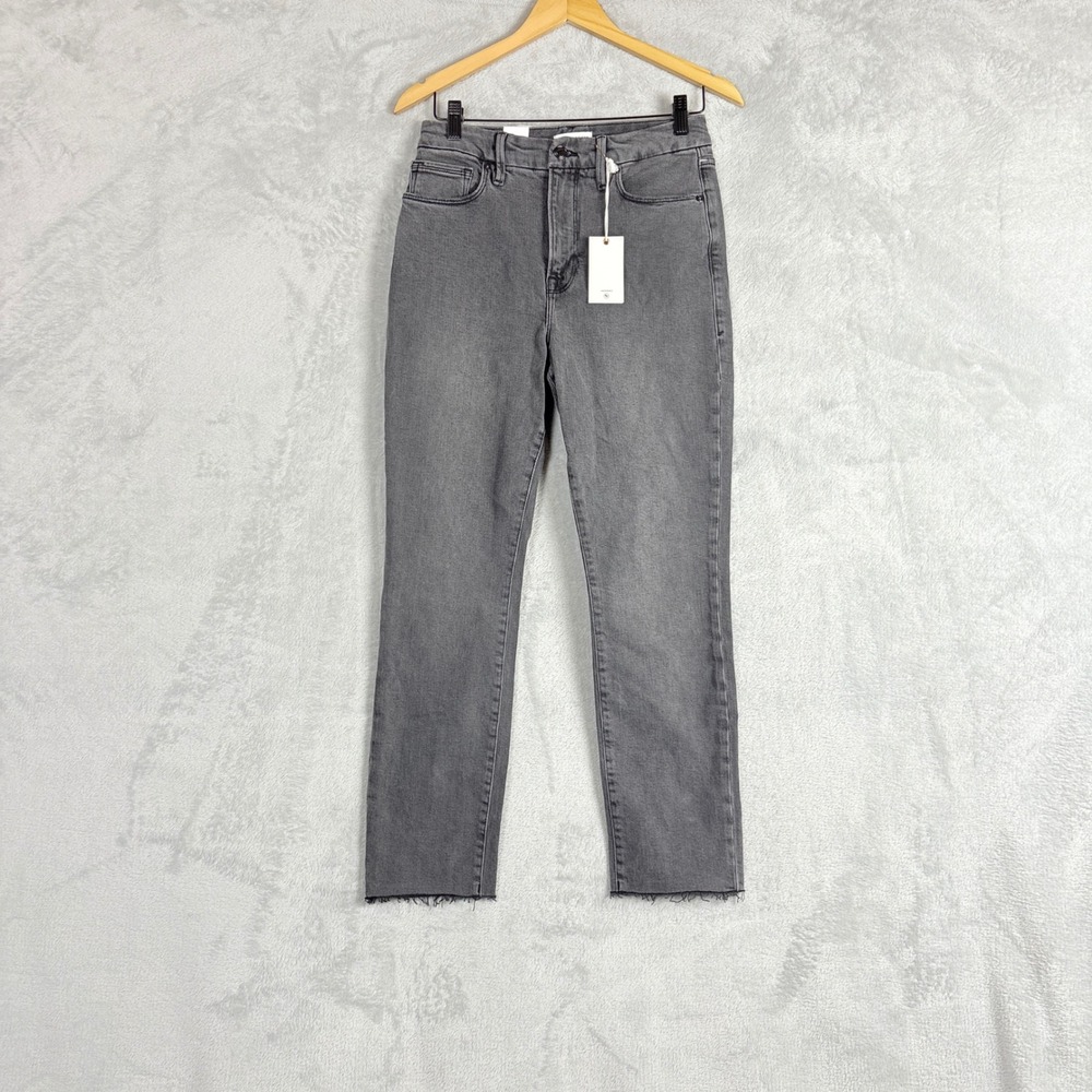 Good American Good Classic High Rise Slim Straight Jeans‎ Grey Raw Hem Size 8 29